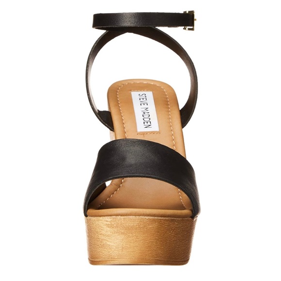 BNIB Steve Madden Welsh Leather Wedge Platform Sandals 9.5 Black - Picture 4 of 10